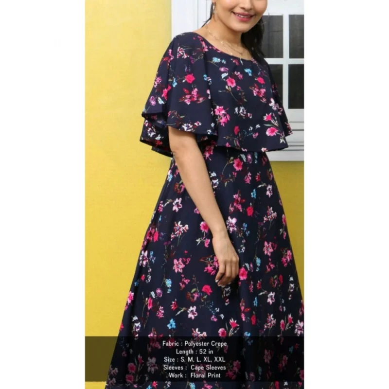 Generic Women's Crepe Floral Half Sleeves Full Length Gown(Dark Blue) - Image 2