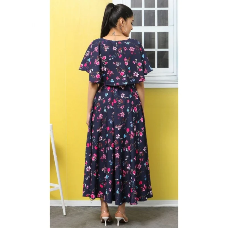 Generic Women's Crepe Floral Half Sleeves Full Length Gown(Dark Blue) - Image 4