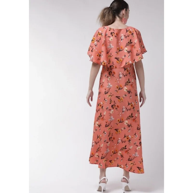 Generic Women's Crepe Floral Half Sleeves Full Length Gown(Orange) - Image 4