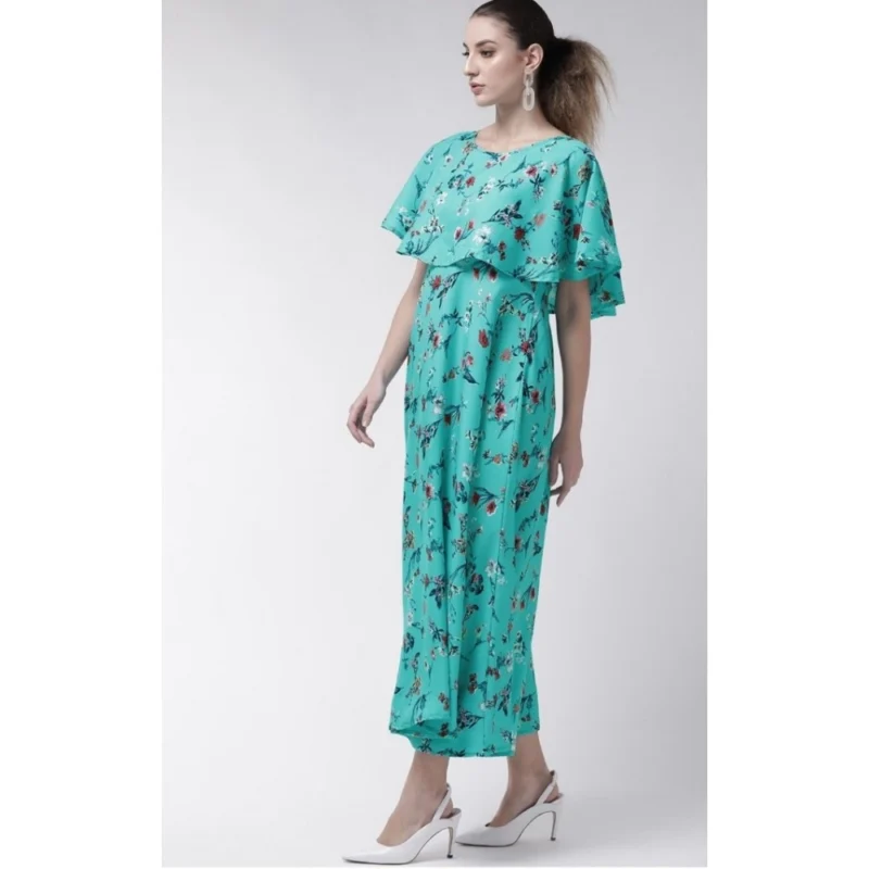 Generic Women's Crepe Floral Half Sleeves Full Length Gown(Turquoise) - Image 2