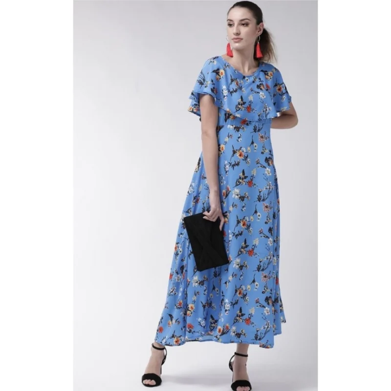 Generic Women's Crepe Floral Half Sleeves Full Length Gown(Blue) - Image 6