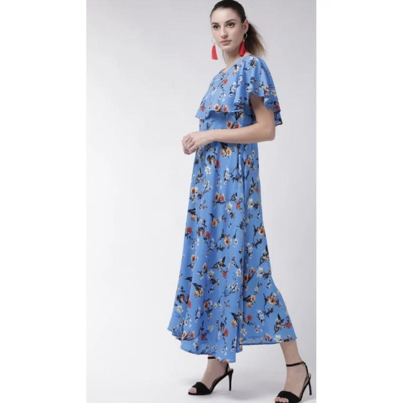 Generic Women's Crepe Floral Half Sleeves Full Length Gown(Blue) - Image 2