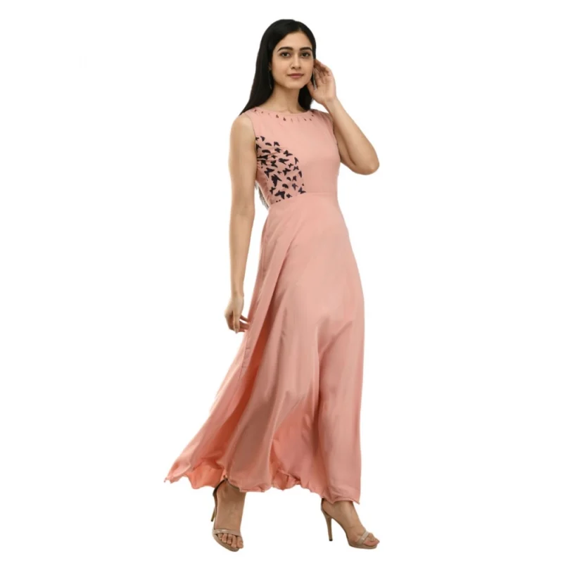 Generic Women's Crepe Solid Sleeveless Full Length Gown(Light Peach) - Image 4