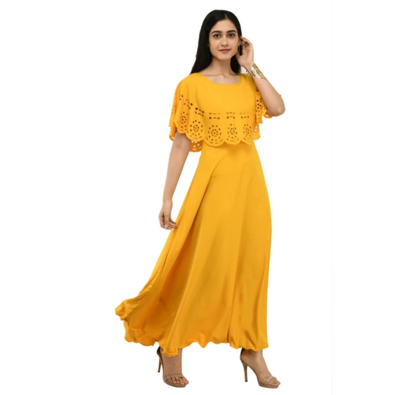 Generic Women's Crepe Solid Sleeveless Full Length Gown(Yellow) - Image 7