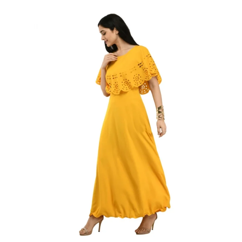Generic Women's Crepe Solid Sleeveless Full Length Gown(Yellow) - Image 5