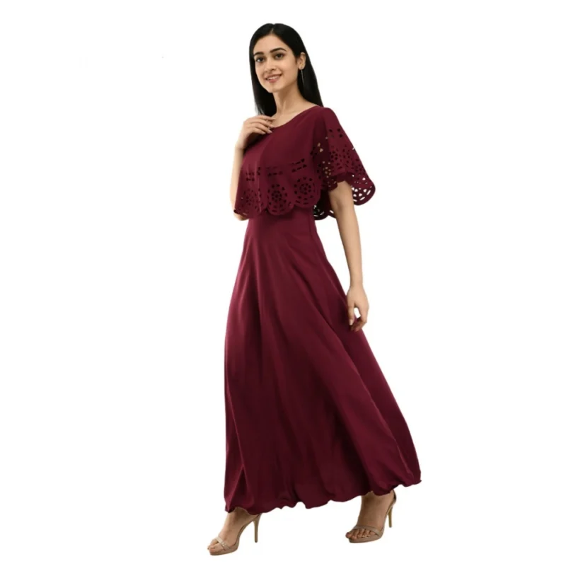 Generic Women's Crepe Solid Sleeveless Full Length Gown(Wine) - Image 5