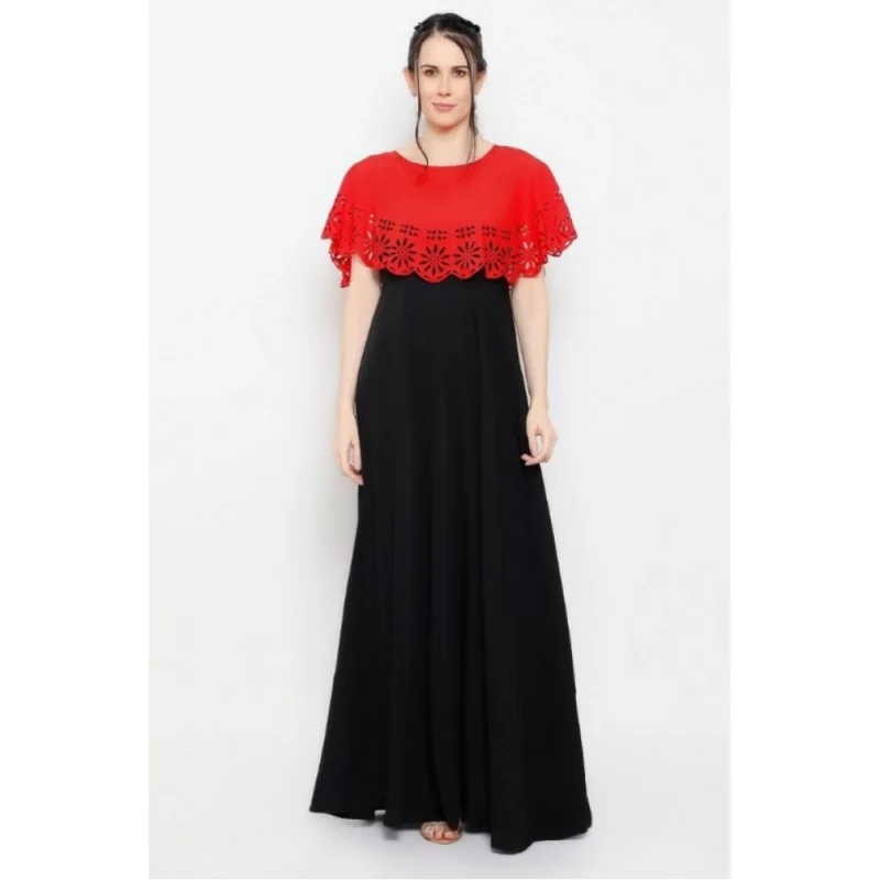Generic Women's Crepe Solid Sleeveless Full Length Gown(Red Black) - Image 5