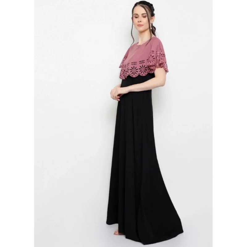 Generic Women's Crepe Solid Sleeveless Full Length Gown(Peach Black) - Image 3