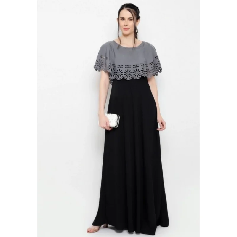 Generic Women's Crepe Solid Sleeveless Full Length Gown(Grey Black) - Image 7