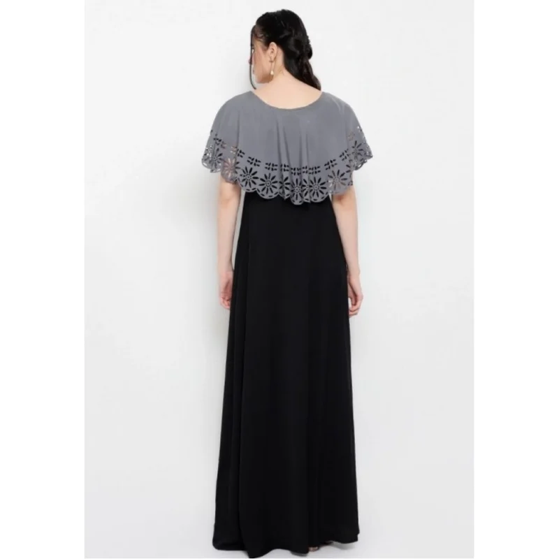 Generic Women's Crepe Solid Sleeveless Full Length Gown(Grey Black) - Image 5