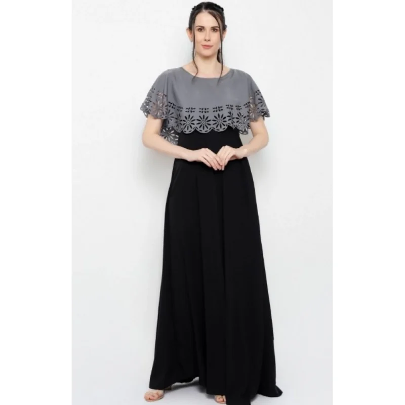 Generic Women's Crepe Solid Sleeveless Full Length Gown(Grey Black) - Image 6