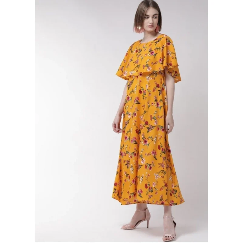 Generic Women's Crepe Floral Half Sleeves Full Length Gown(Yellow) - Image 3