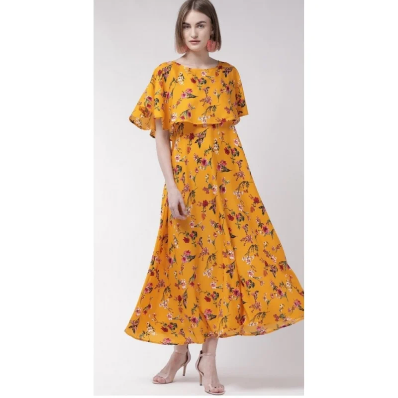 Generic Women's Crepe Floral Half Sleeves Full Length Gown(Yellow) - Image 6