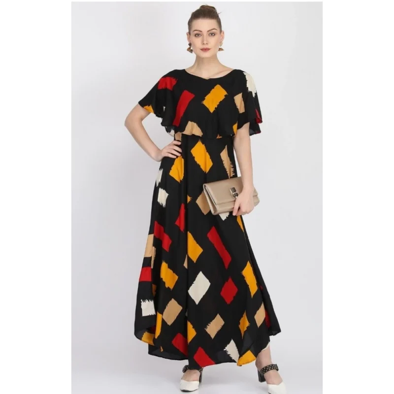 Generic Women's Crepe Printed Half Sleeves Full Length Gown(Multi) - Image 3