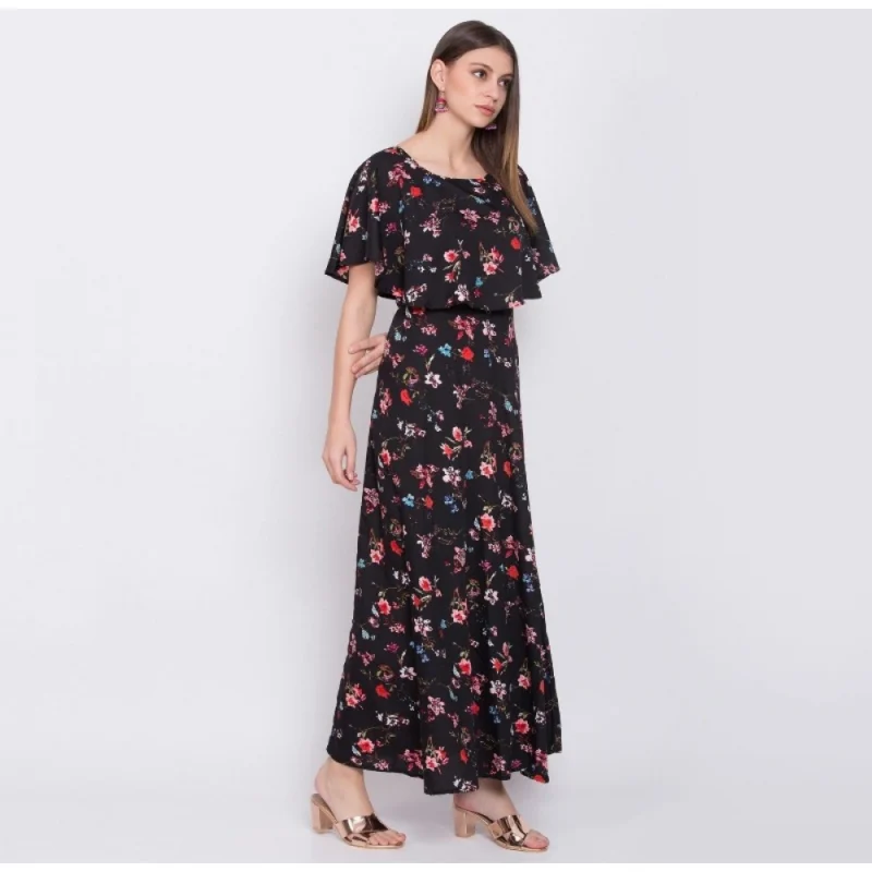 Generic Women's Crepe Floral Half Sleeves Full Length Gown(Black) - Image 3