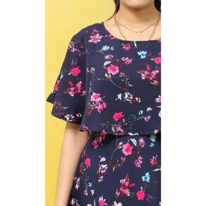 Generic Women's Crepe Floral Half Sleeves Full Length Gown(Dark Blue) - Image 6