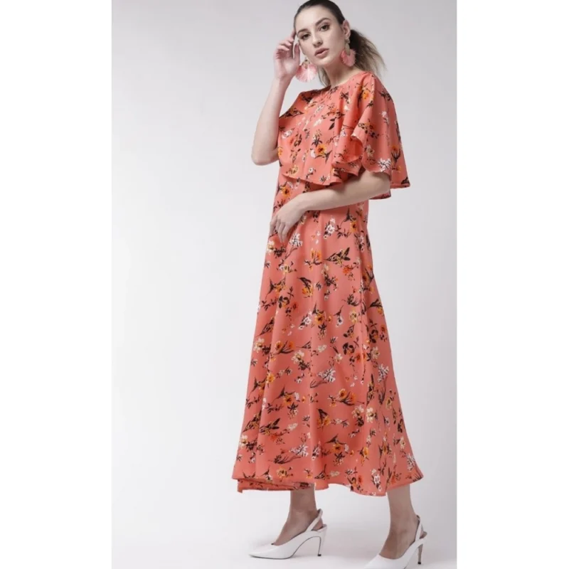 Generic Women's Crepe Floral Half Sleeves Full Length Gown(Orange) - Image 2