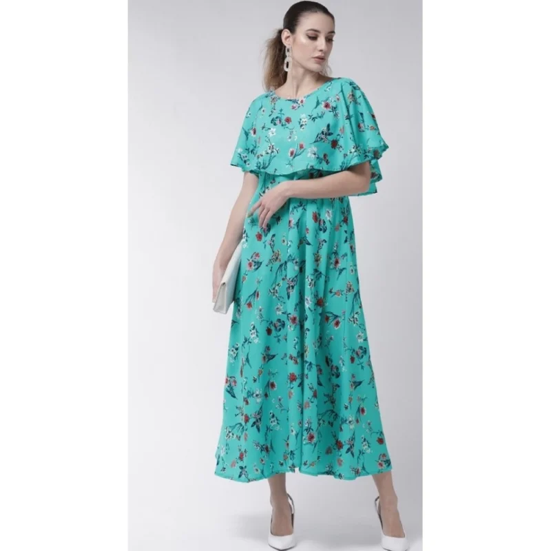 Generic Women's Crepe Floral Half Sleeves Full Length Gown(Turquoise) - Image 6