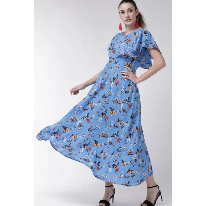 Generic Women's Crepe Floral Half Sleeves Full Length Gown(Blue) - Image 5