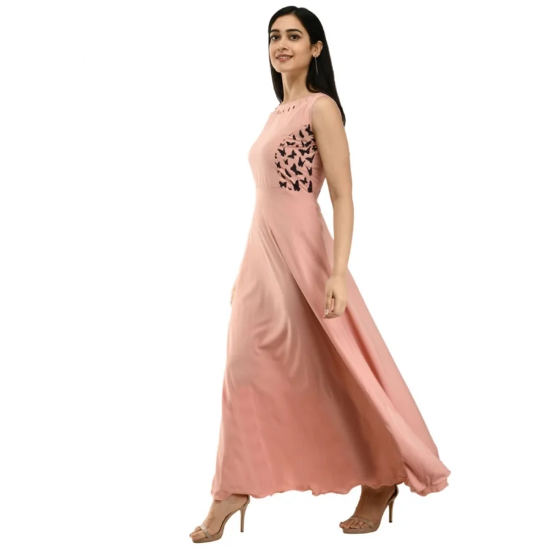 Generic Women's Crepe Solid Sleeveless Full Length Gown(Light Peach) - Image 6