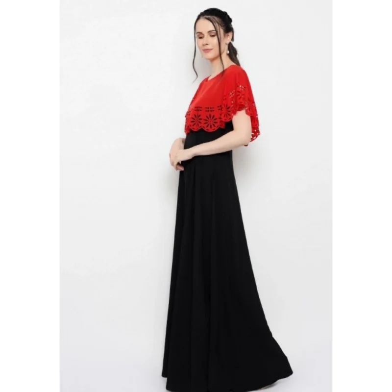 Generic Women's Crepe Solid Sleeveless Full Length Gown(Red Black) - Image 2
