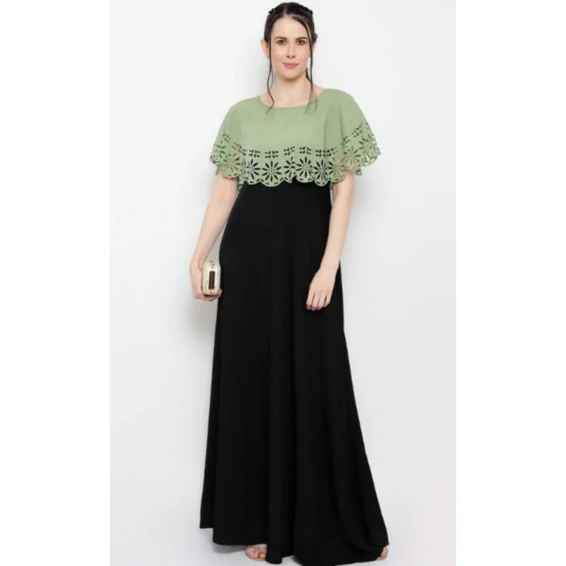 Generic Women's Crepe Solid Sleeveless Full Length Gown(Green Black) - Image 2