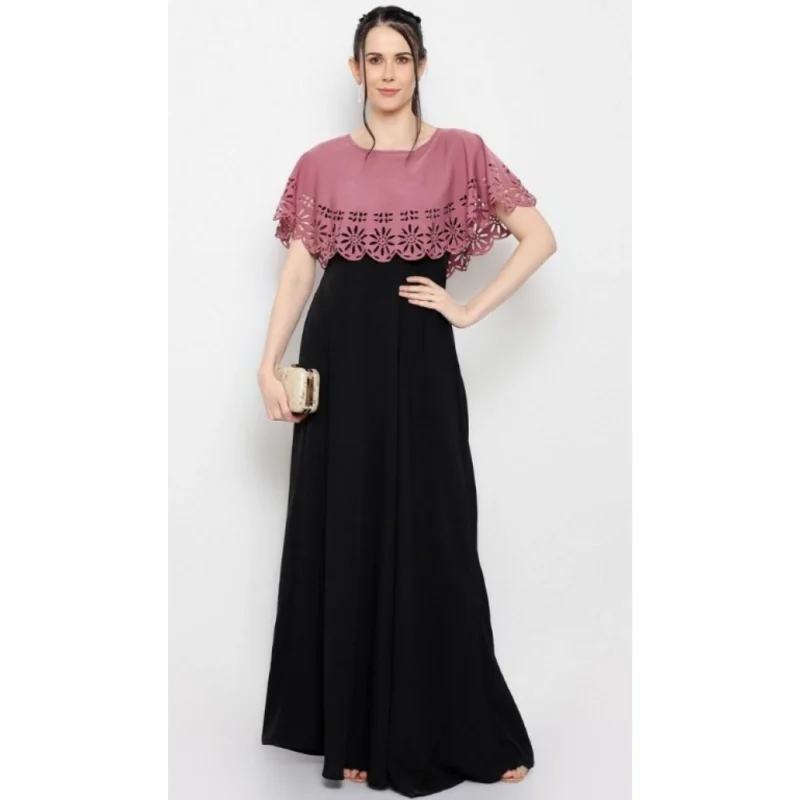 Generic Women's Crepe Solid Sleeveless Full Length Gown(Peach Black) - Image 2