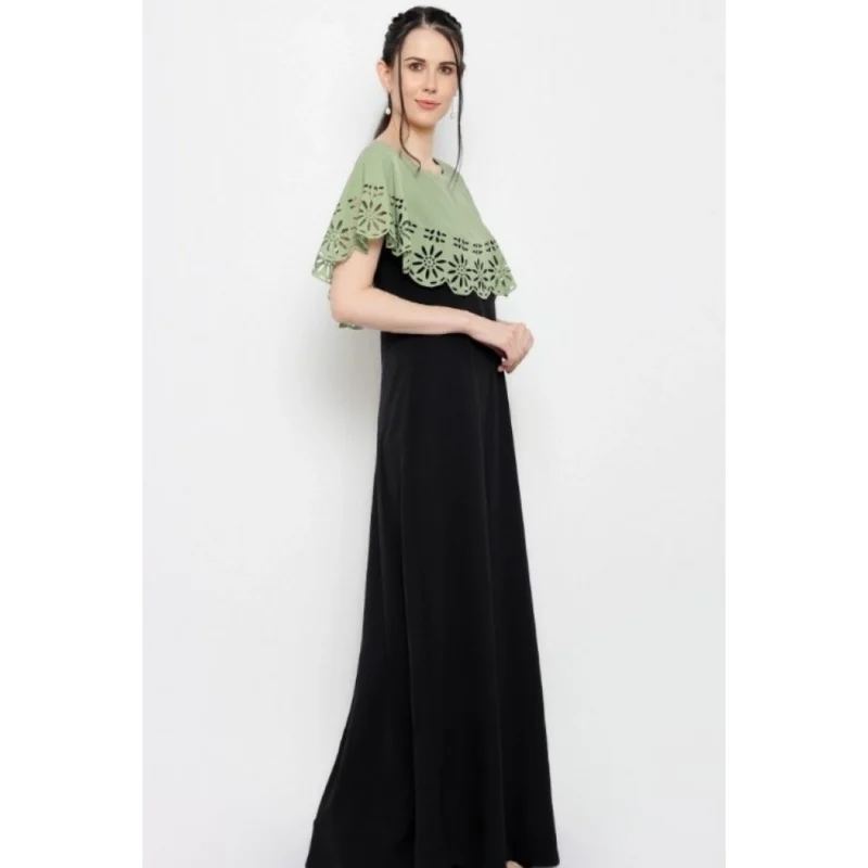 Generic Women's Crepe Solid Sleeveless Full Length Gown(Green Black) - Image 3