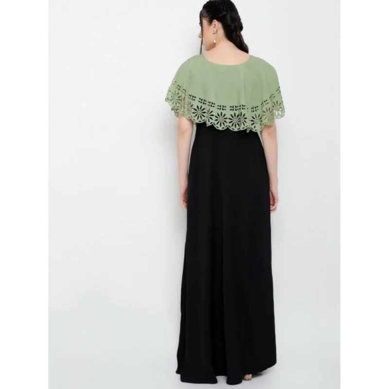 Generic Women's Crepe Solid Sleeveless Full Length Gown(Green Black) - Image 5