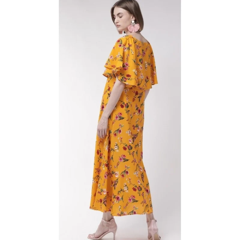 Generic Women's Crepe Floral Half Sleeves Full Length Gown(Yellow) - Image 5