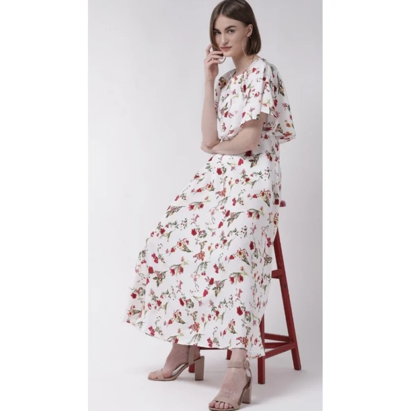 Generic Women's Crepe Floral Half Sleeves Full Length Gown(White) - Image 5