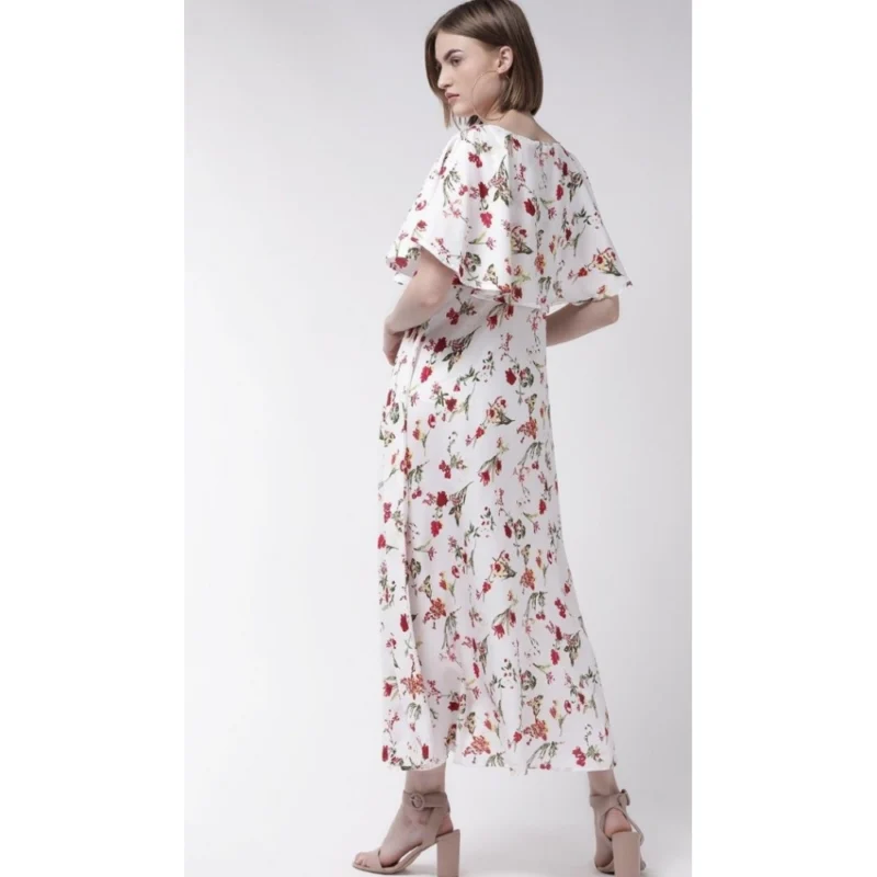 Generic Women's Crepe Floral Half Sleeves Full Length Gown(White) - Image 4