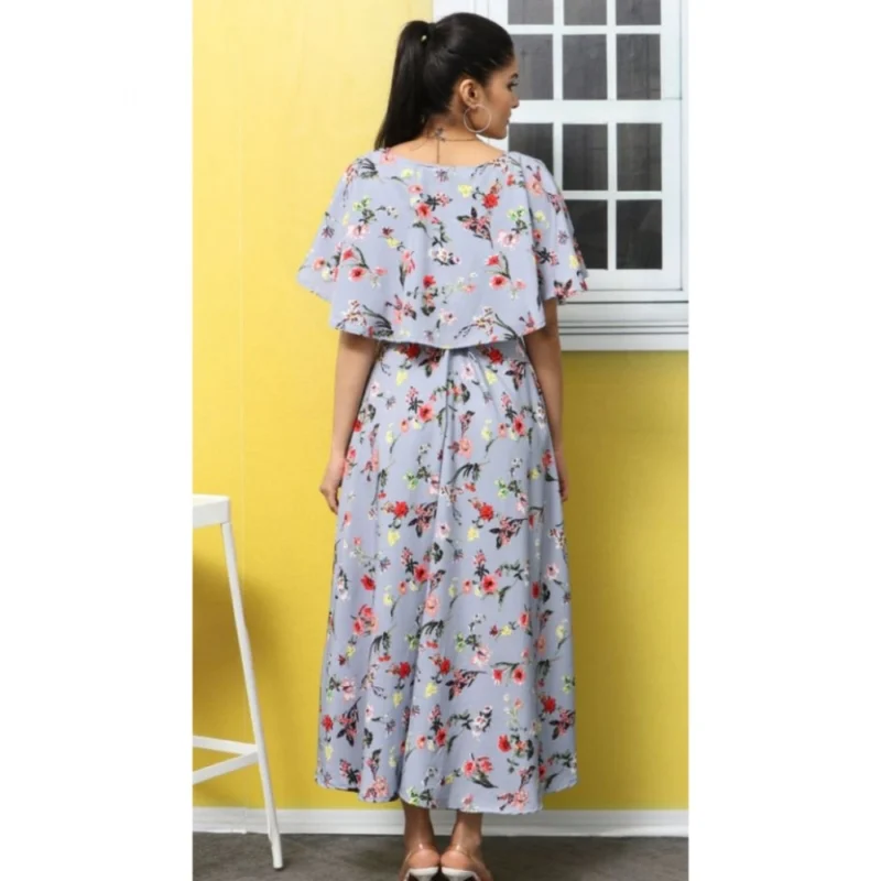 Generic Women's Crepe Floral Half Sleeves Full Length Gown(Light Grey) - Image 5