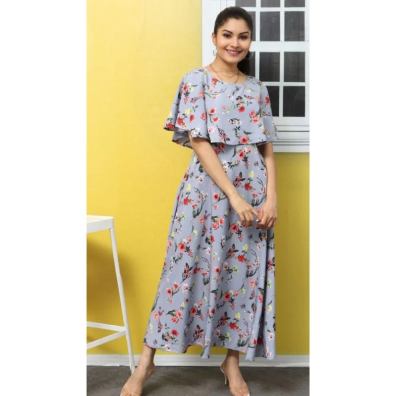 Generic Women's Crepe Floral Half Sleeves Full Length Gown(Light Grey) - Image 6