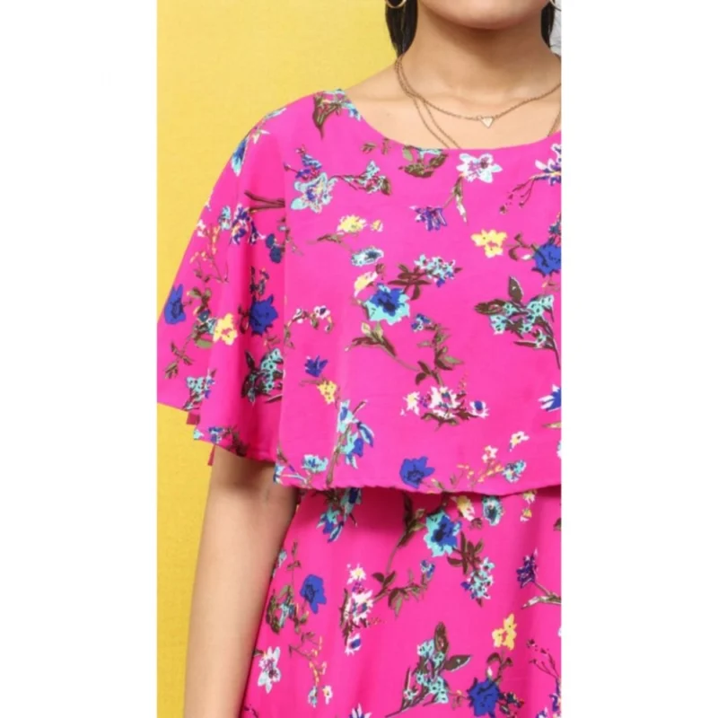 Generic Women's Crepe Floral Half Sleeves Full Length Gown(Pink) - Image 2