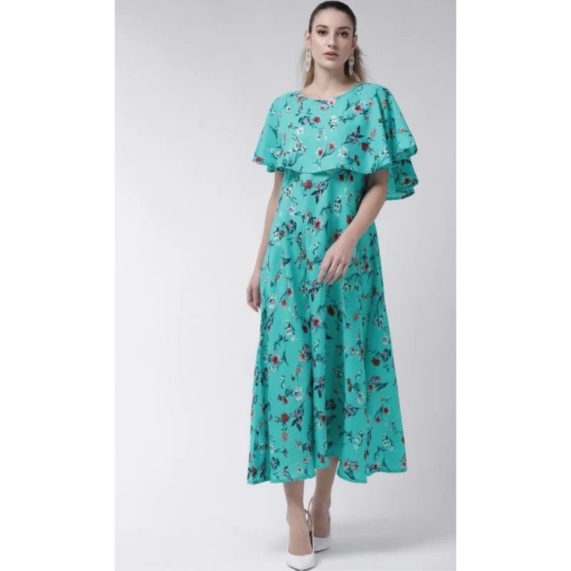 Generic Women's Crepe Floral Half Sleeves Full Length Gown(Turquoise) - Image 5
