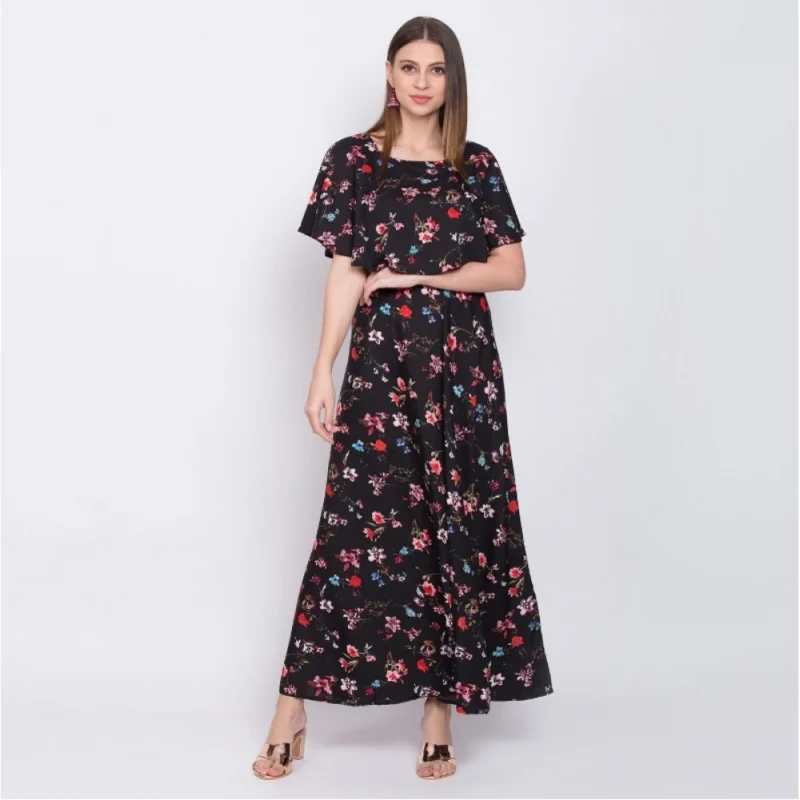 Generic Women's Crepe Floral Half Sleeves Full Length Gown(Black) - Image 4