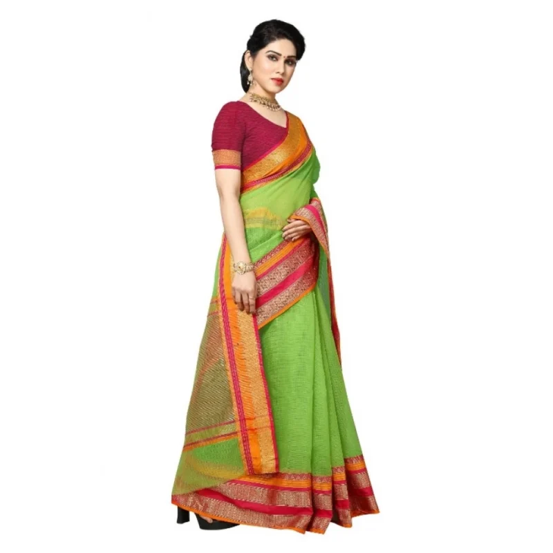 Generic Women's Kota Doria Cotton Border Saree With Blouse (Light Green, 5-6 Mtrs) - Image 3