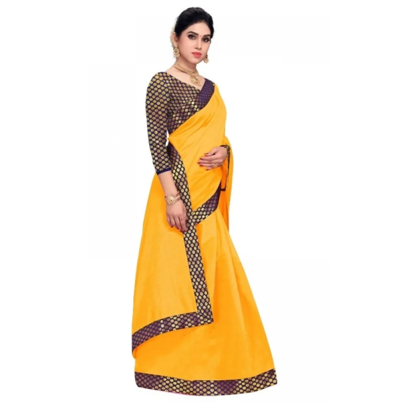 Generic Women's Chanderi Cotton Lace Border Saree With Blouse (Gold, 5-6 Mtrs) - Image 2
