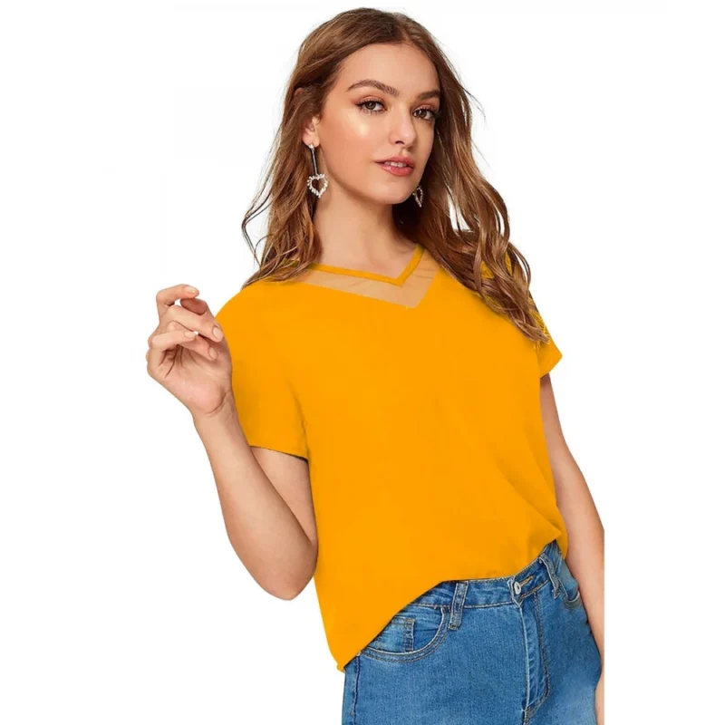 Generic Women's Polyester, Knitting Western Wear T-Shirt (Yellow) - Image 4
