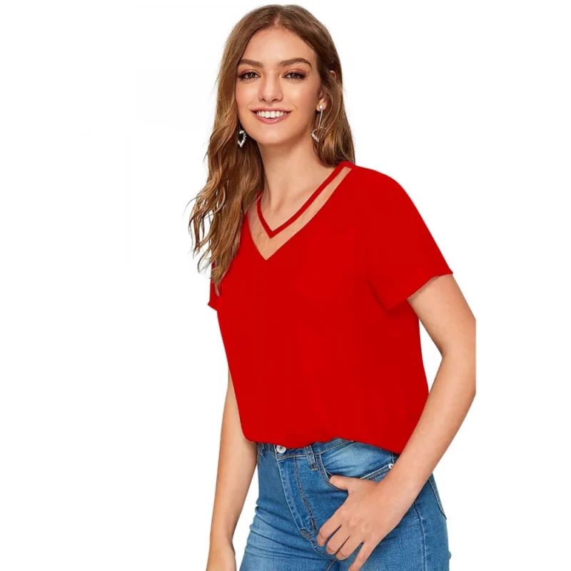 Generic Women's Polyester, Knitting Western Wear T-Shirt (Red) - Image 2
