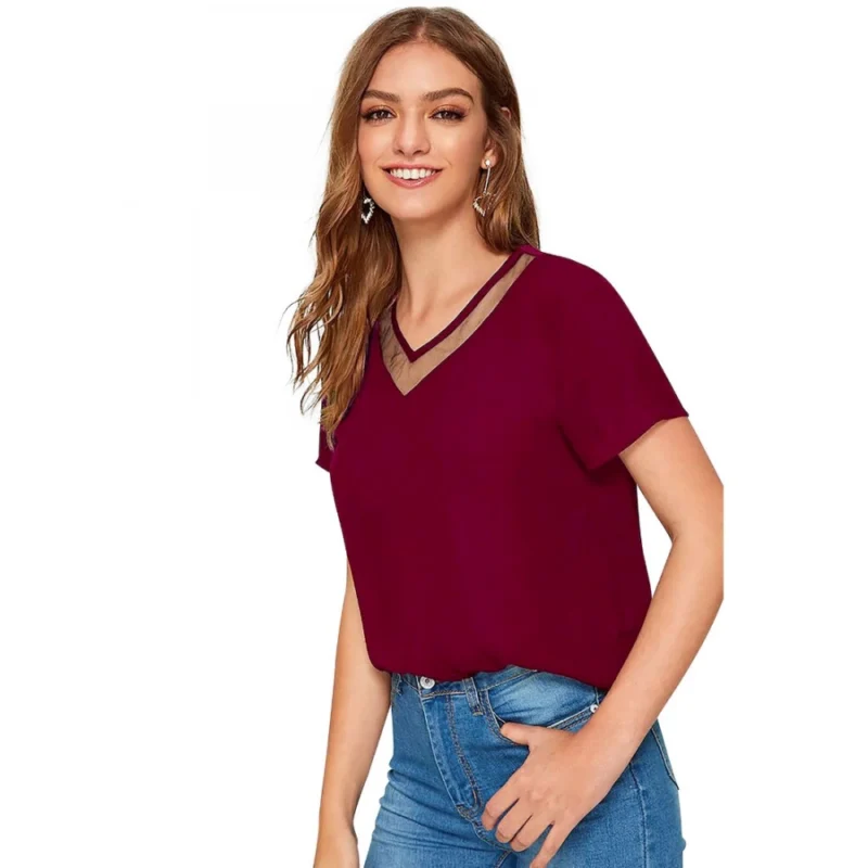 Generic Women's Polyester, Knitting Western Wear T-Shirt (Maroon) - Image 2