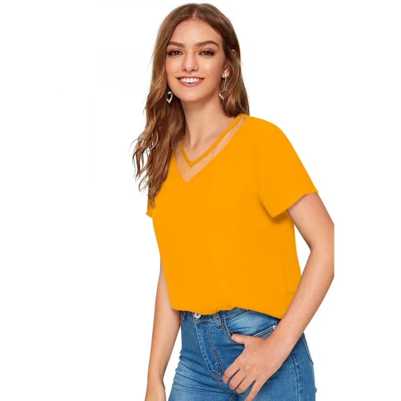 Generic Women's Polyester, Knitting Western Wear T-Shirt (Yellow) - Image 2