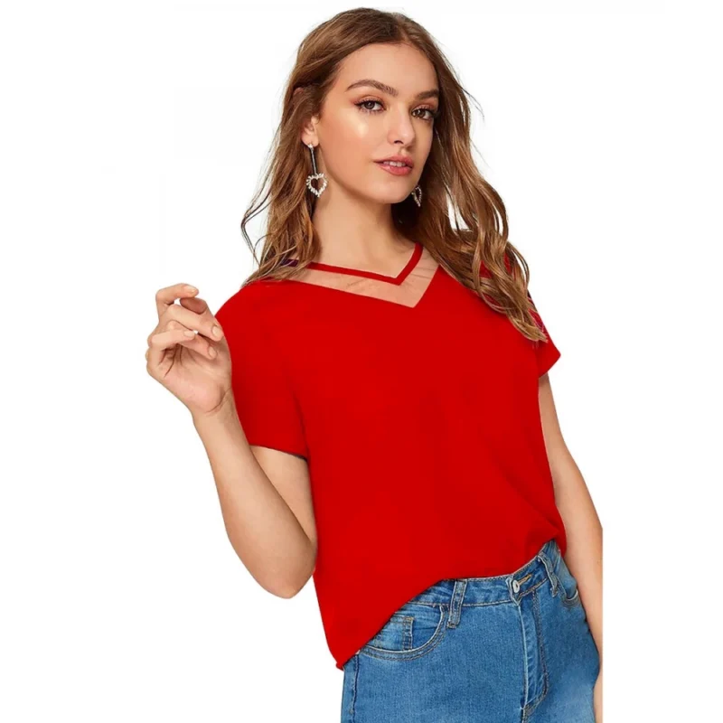 Generic Women's Polyester, Knitting Western Wear T-Shirt (Red) - Image 4