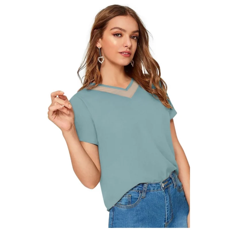 Generic Women's Polyester, Knitting Western Wear T-Shirt (Pista) - Image 3