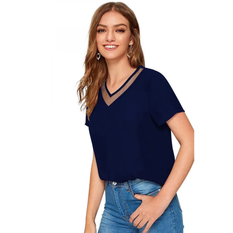 Generic Women's Polyester, Knitting Western Wear T-Shirt (Blue) - Image 2