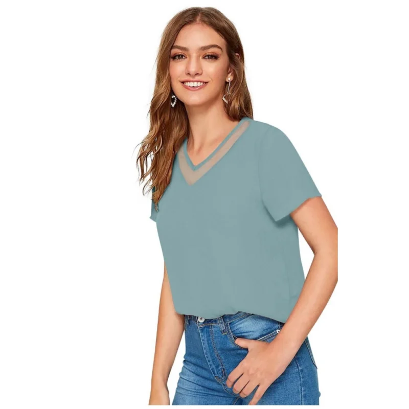 Generic Women's Polyester, Knitting Western Wear T-Shirt (Pista) - Image 5