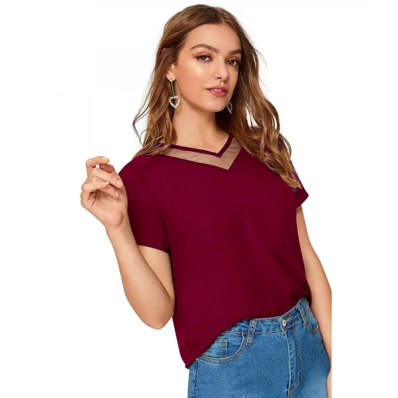Generic Women's Polyester, Knitting Western Wear T-Shirt (Maroon) - Image 4