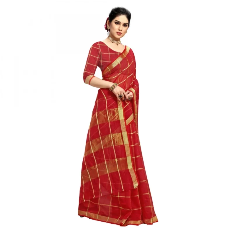 Generic Women's Kota Doria Cotton Checked Saree With Blouse (Red, 5-6 Mtrs) - Image 5