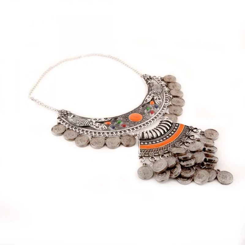 Generic Designer Oxidised German Silver Tribal Necklace Pandeant Antique Necklace (Color: Silver) - Image 3
